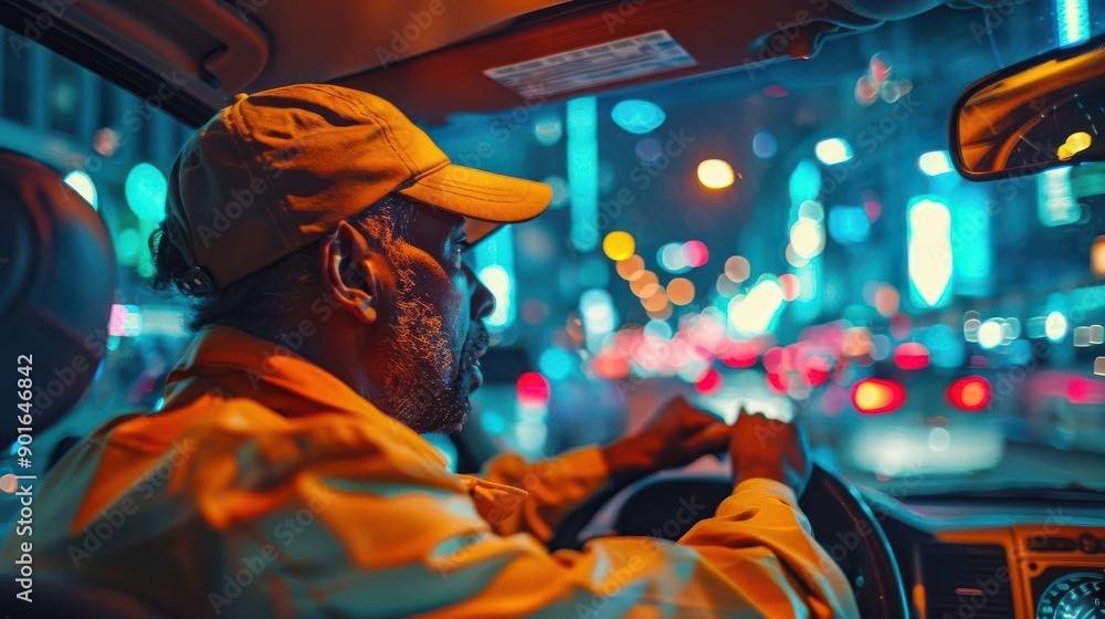 Obraz premium Taxi driver navigating through city traffic