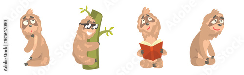 Funny Sloth Character Engaged in Different Activity Vector Set
