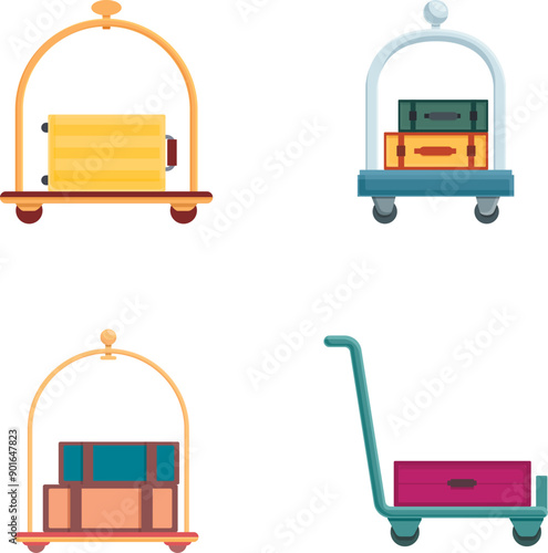 Hotel cart icons set cartoon vector. Various travel suitcase on cart. Travel baggage