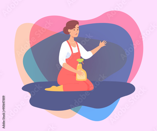 Woman with eco friendly cleaning product. Female character cleaning house with natural cleaning spray flat vector illustration. Hygiene, ecology, household concept for banner or landing page