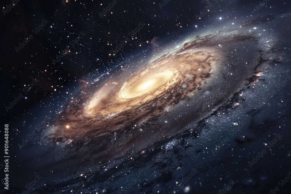 Fototapeta premium A spiral galaxy with a bright yellow center. The galaxy is filled with stars and is surrounded by a dark blue background. Concept of wonder and awe at the vastness of the universe