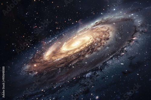 A spiral galaxy with a bright yellow center. The galaxy is filled with stars and is surrounded by a dark blue background. Concept of wonder and awe at the vastness of the universe