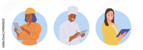 Isolated round composition set with engineer, cook chef, businesswoman using digital tablet for work