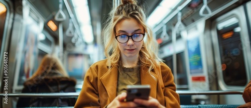 Candid photo of a woman using her smartphone on the subway in the morning, fully engaged in work and online activities