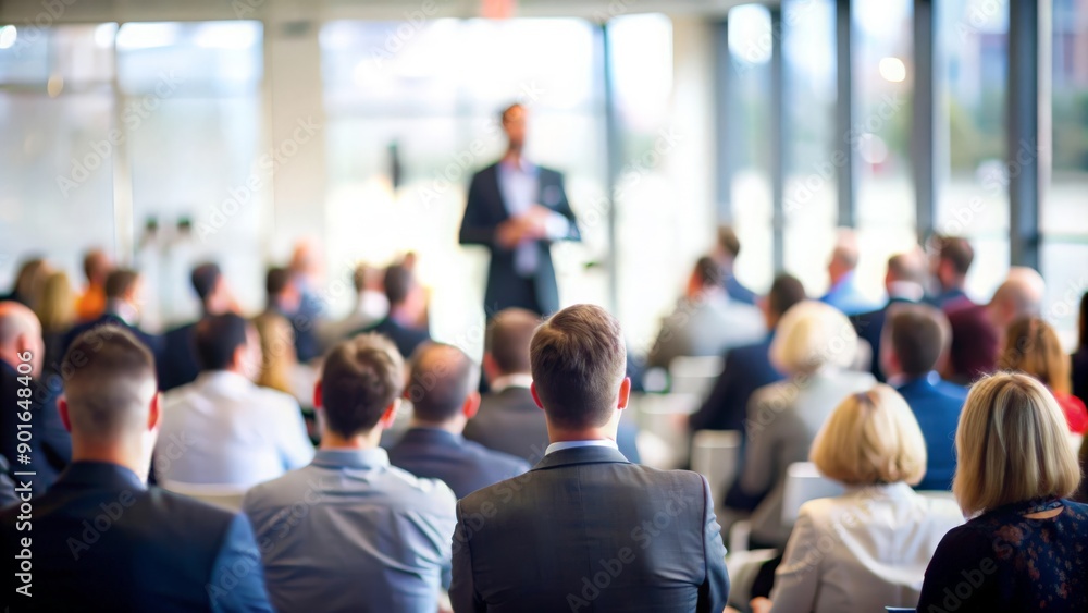 Fototapeta premium Business Conference with Focused Speaker - A business conference where the speaker is in focus and the audience is blurred. 