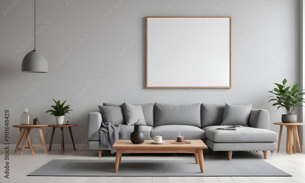 Obraz premium Modern living room with a gray sofa, a wooden coffee table, and blank framed Canvas on the wall. The room has a minimalist and cozy atmosphere