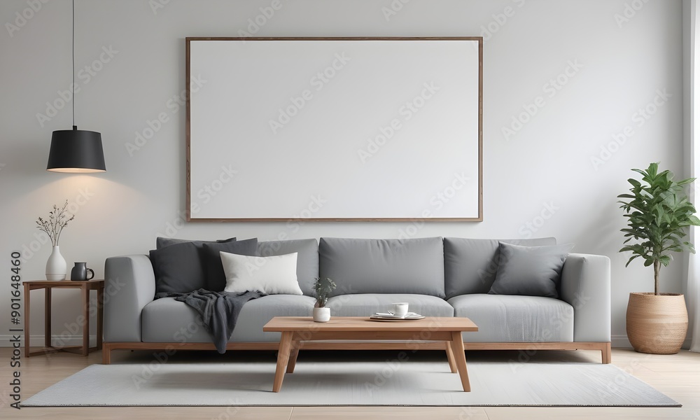 Modern living room with a gray sofa, a wooden coffee table, and blank framed Canvas on the wall. The room has a minimalist and cozy atmosphere