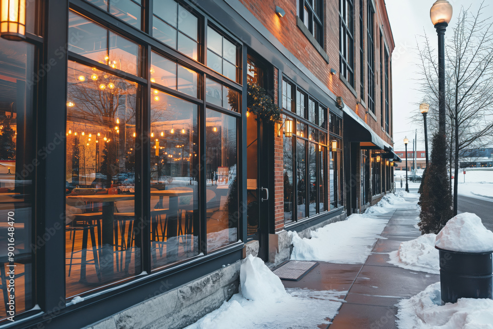 Winter Cafe Storefront with Large Windows and Warm Lighting, Snow Covered Sidewalk Winter Cafe Storefront with Large Windows and Warm Lighting, Snow Covered Sidewalk
