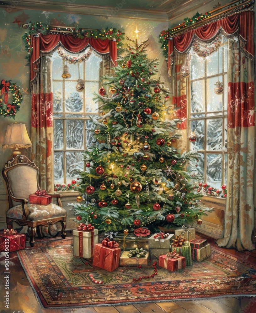 Fototapeta premium Classic Christmas card with a beautifully decorated tree, presents, and warm holiday message.