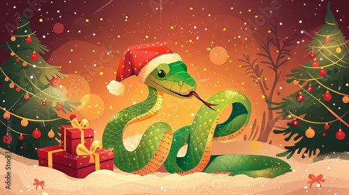 A cute cartoon green snake in a Santa hat with a red gift sits near the Christmas tree.2025