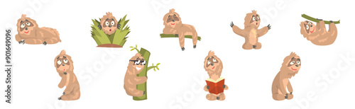 Funny Sloth Character Engaged in Different Activity Vector Set