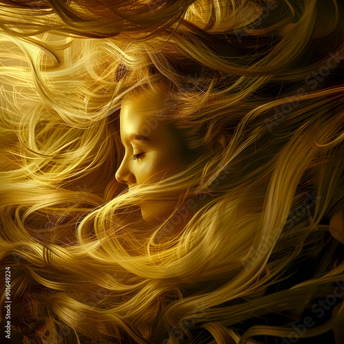 Captivating Cinematic Portrait of a Woman with Flowing Golden Hair in a Dramatic Setting Featuring soft subtle lighting that highlights the contours of her face and cascading hair