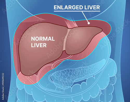 Hepatomegaly. Normal liver, enlarged liver. Liver disease. Healthcare illustration. Vector illustration.