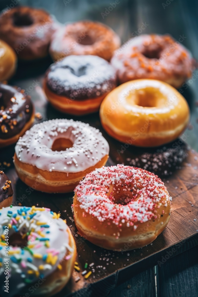 A table full of donuts with different colors and sprinkles. Concept of abundance and variety, as there are many different types of donuts to choose from. The sprinkles add a playful A table full of donuts with different colors and sprinkles. Concept of abundance and variety, as there are many different types of donuts to choose from. The sprinkles add a playful