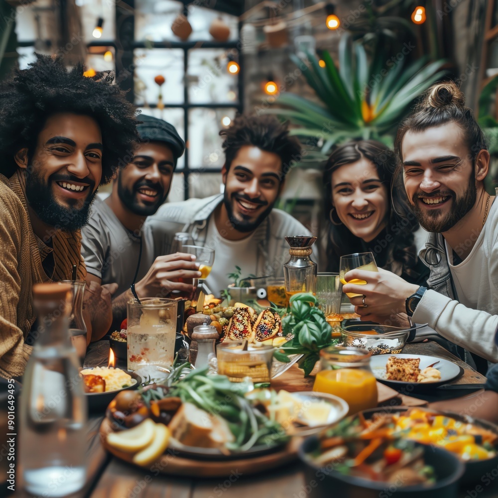 International Day of Friendship with a diverse group of friends sharing a meal or embracing International Day of Friendship with a diverse group of friends sharing a meal or embracing