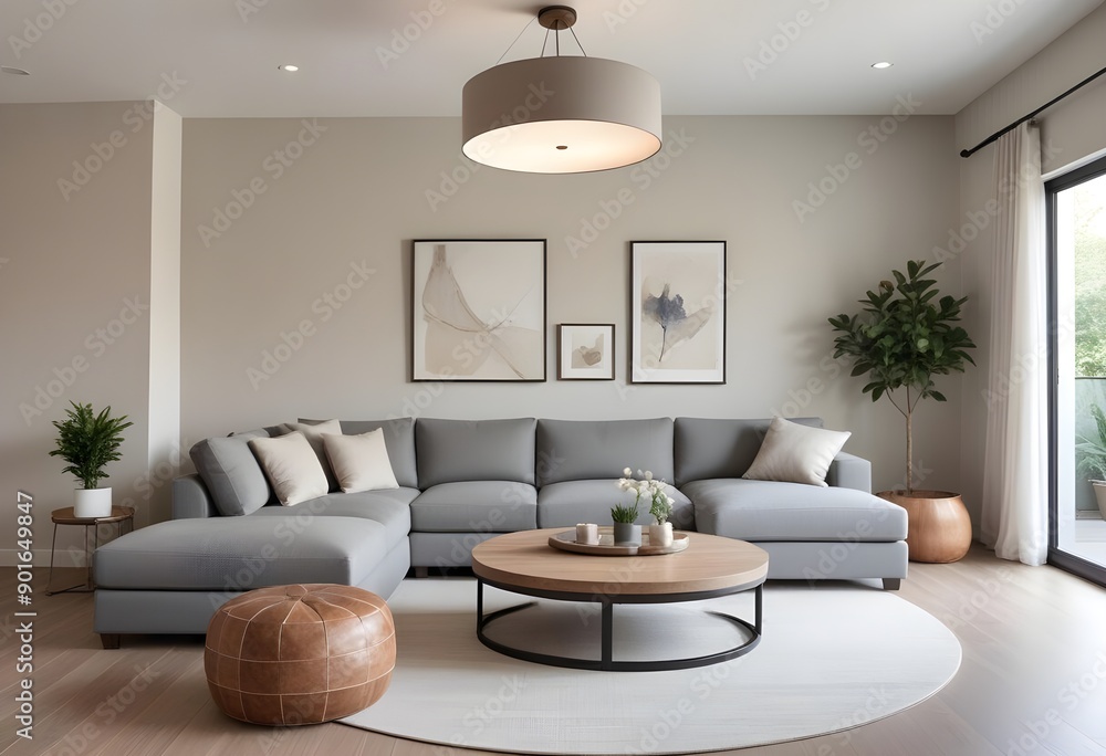 Fototapeta premium Modern and cozy living room with a large gray sectional sofa, a round wooden coffee table, and blank canvas framed on the wall. The room has a neutral color palette with gray and beige tones