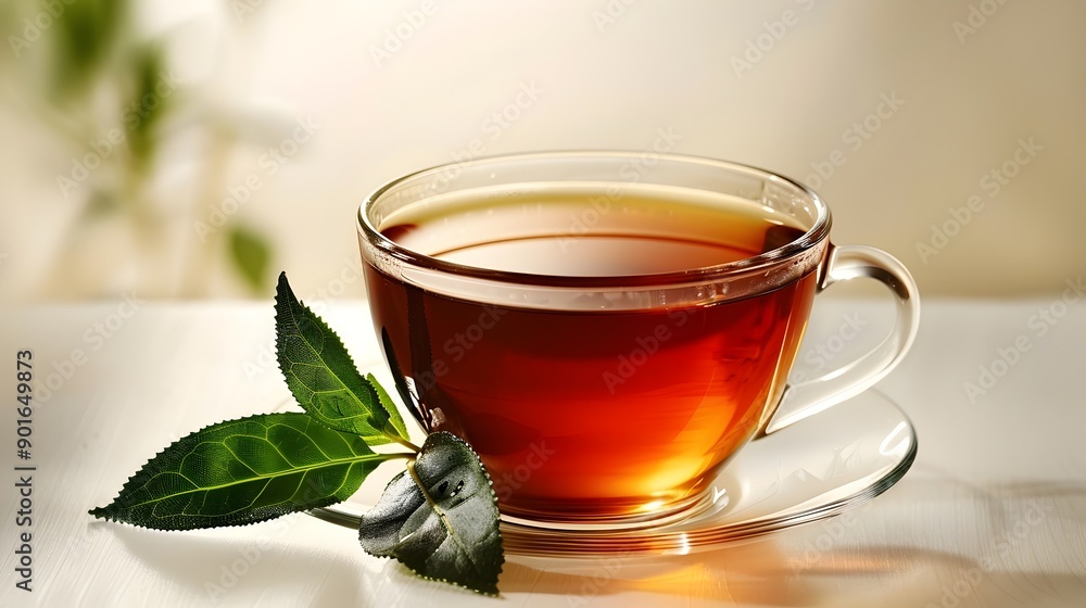 A cup of tea with a leaf on top of it A cup of tea with a leaf on top of it