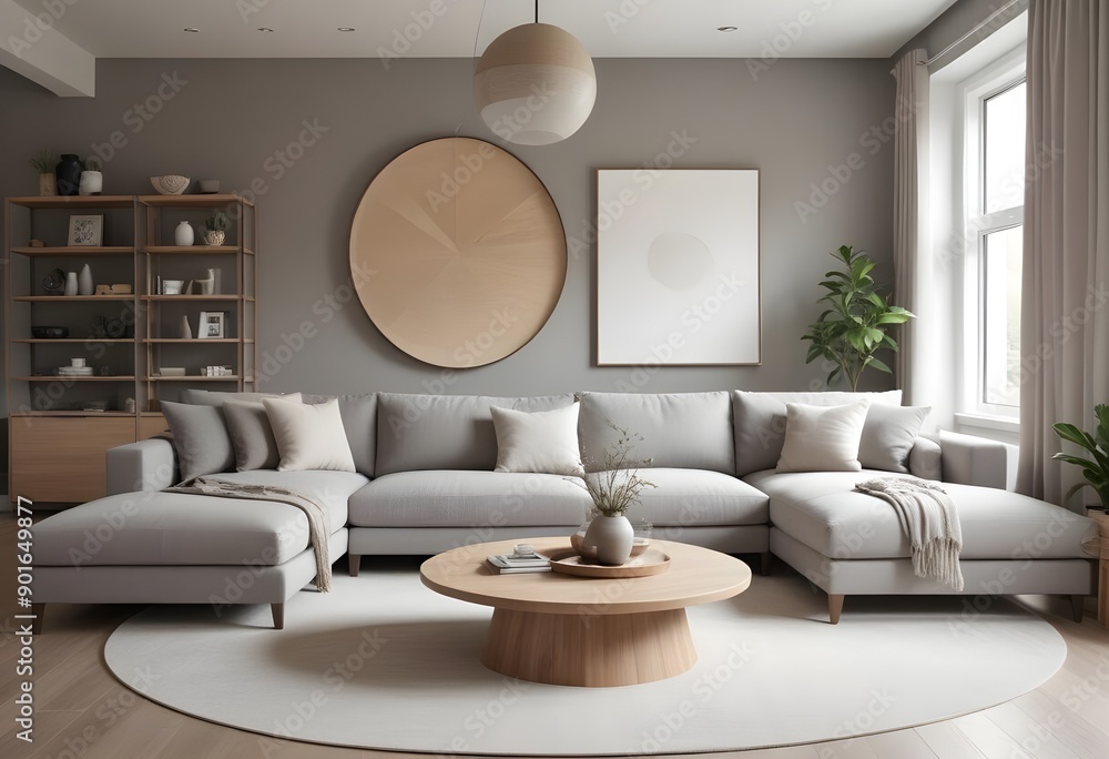 Obraz premium Modern and cozy living room with a large gray sectional sofa, a round wooden coffee table, and blank canvas framed on the wall. The room has a neutral color palette with gray and beige tones