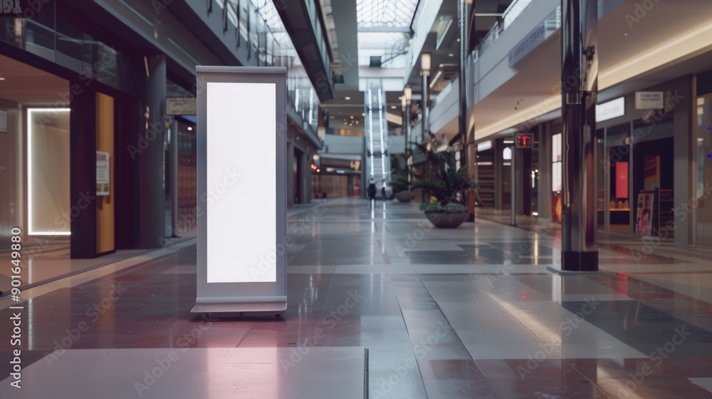A large white sign is in a mall A large white sign is in a mall