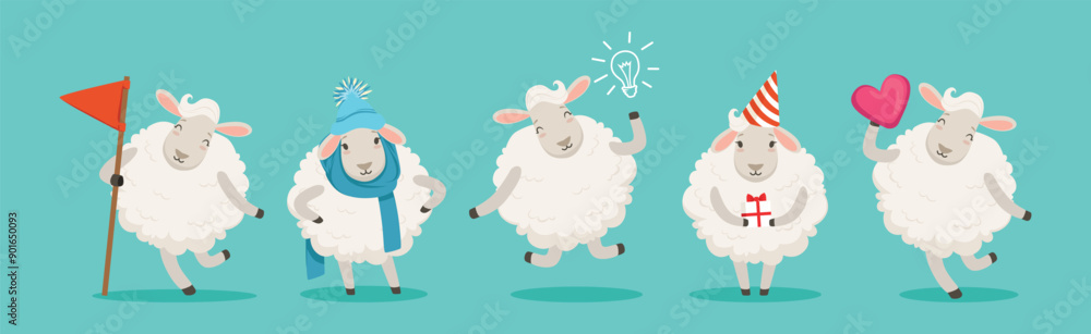 Wooly White Sheep Character Engaged in Different Activity Vector Set Wooly White Sheep Character Engaged in Different Activity Vector Set
