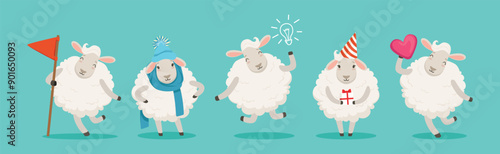 Wooly White Sheep Character Engaged in Different Activity Vector Set