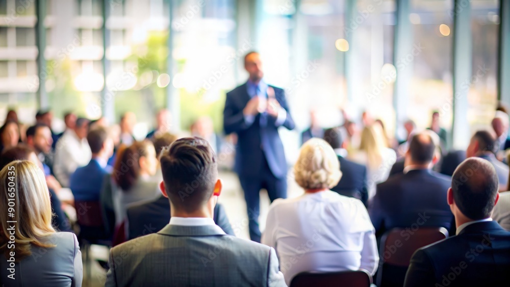 Speaker Focused at Business Event - A speaker giving a presentation with the audience and event space in the background blurred.
Speaker Focused at Business Event - A speaker giving a presentation with the audience and event space in the background blurred.