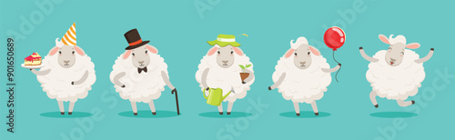 Wooly White Sheep Character Engaged in Different Activity Vector Set