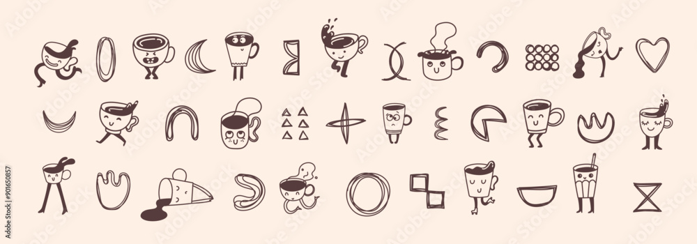 Set of retro doodle funny coffee characters and geometric shapes and doodles posters. Latte, cappuccino, coffee cup mascot. Nostalgia 70s, 80s. Print design for cafe Set of retro doodle funny coffee characters and geometric shapes and doodles posters. Latte, cappuccino, coffee cup mascot. Nostalgia 70s, 80s. Print design for cafe