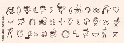 Set of retro doodle funny coffee characters and geometric shapes and doodles posters. Latte, cappuccino, coffee cup mascot. Nostalgia 70s, 80s. Print design for cafe