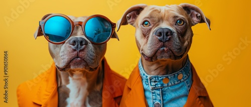 Dog in orange suit and sunglasses, yellow background, fashionable and bold photo