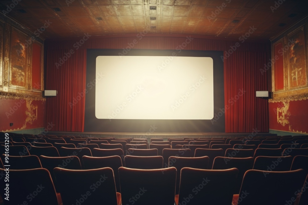 Obraz premium A movie theater with a red curtain and empty seats