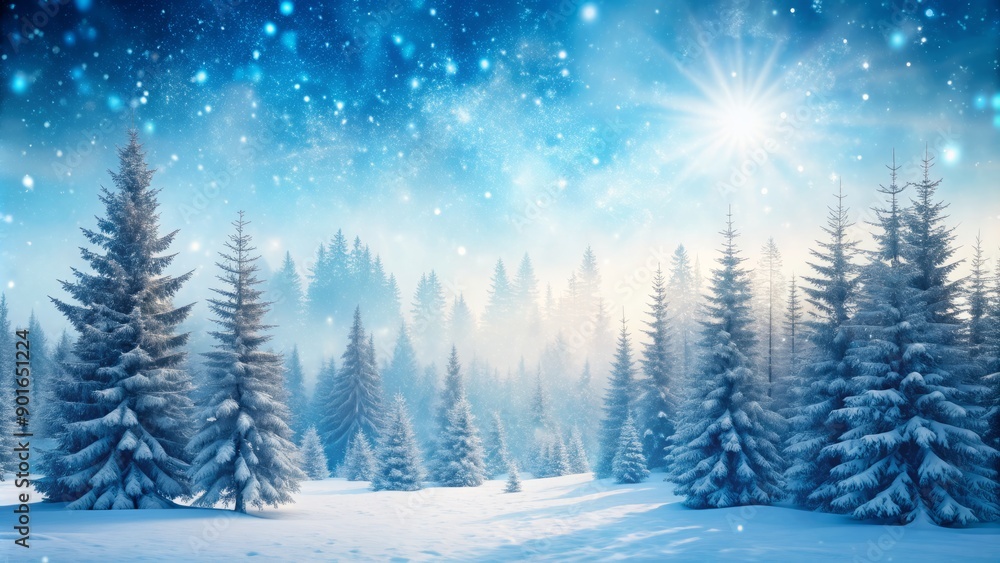 Naklejka premium Snowflakes gently fall against a serene, cinematic winter landscape, casting a magical spell on a snow-covered evergreen forest under a soft, misty blue sky.