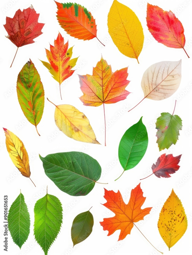 Obraz premium A collection of autumn leaves in various colors, including green, yellow, and red. The leaves are scattered across the image, creating a sense of diversity and natural beauty