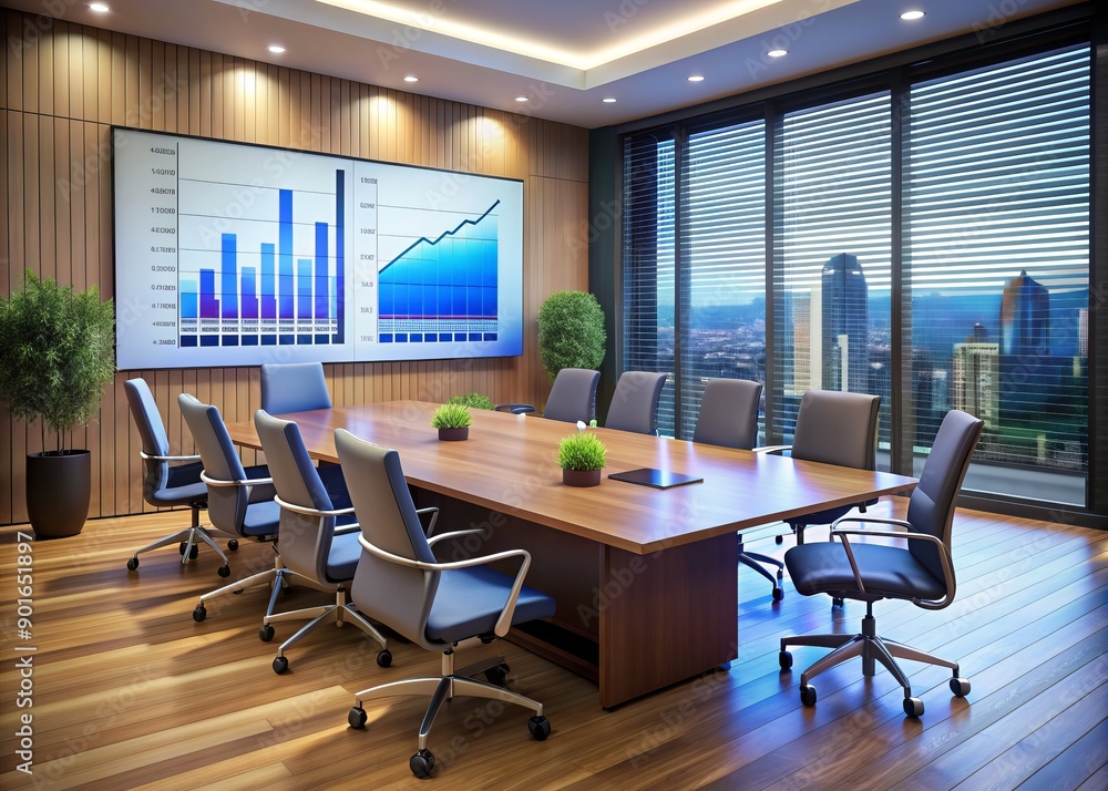 Modern conference room displays dashboard on large TV screen showcasing data analysis, charts, and graphs, with empty chairs and table, awaiting business presentation. Modern conference room displays dashboard on large TV screen showcasing data analysis, charts, and graphs, with empty chairs and table, awaiting business presentation.