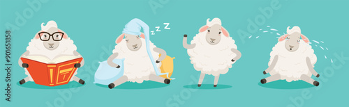 Wooly White Sheep Character Engaged in Different Activity Vector Set