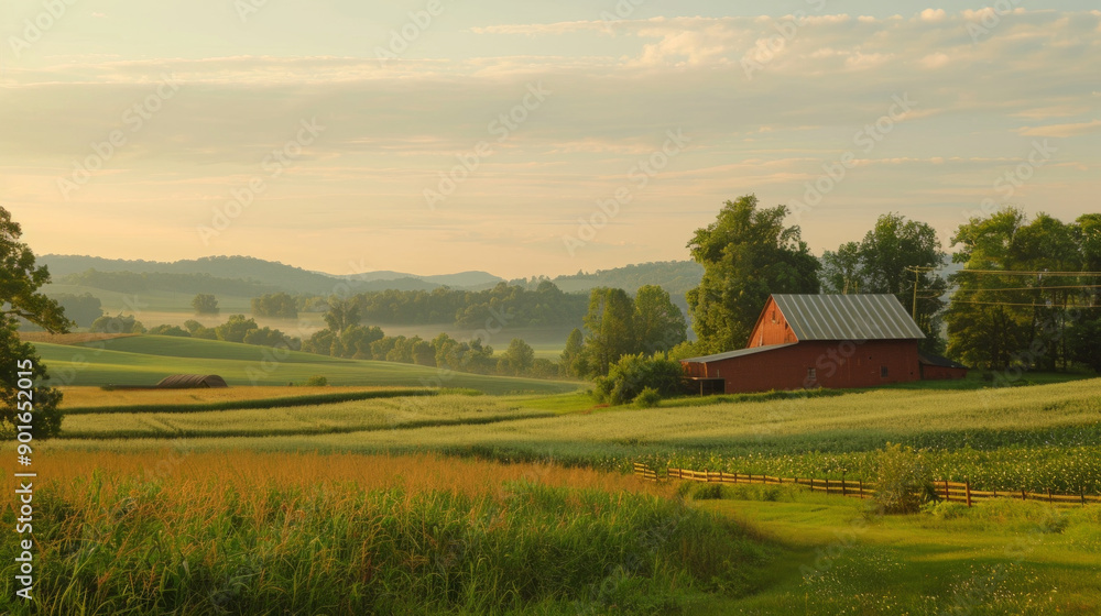 Tranquil morning on peaceful farmland with a barn surrounded by lush green fields Tranquil morning on peaceful farmland with a barn surrounded by lush green fields