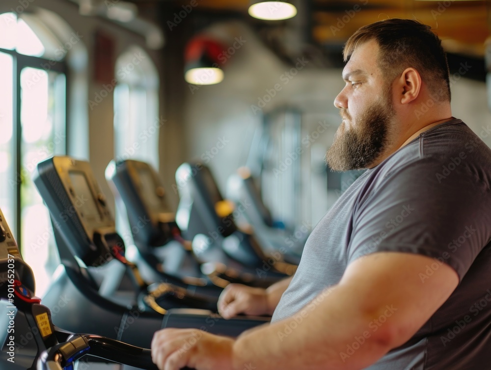 A man with a beard is running on a treadmill. He is wearing a gray shirt and he is focused on his workout A man with a beard is running on a treadmill. He is wearing a gray shirt and he is focused on his workout