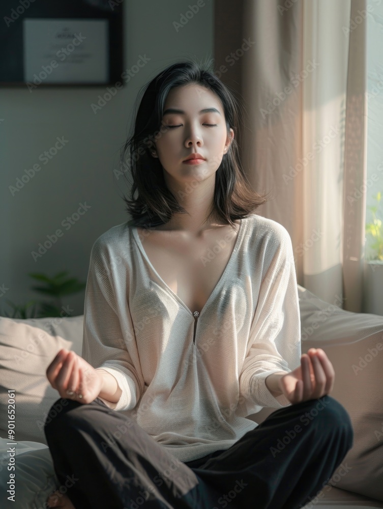 A woman is sitting on a couch and meditating. She is wearing a white shirt and black pants A woman is sitting on a couch and meditating. She is wearing a white shirt and black pants