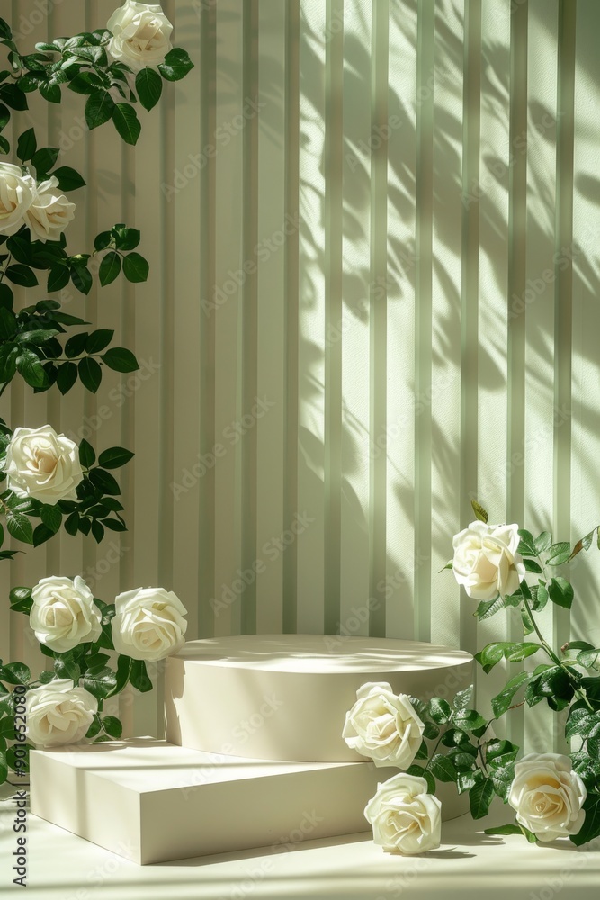 Elegant podium with white roses against green striped background for product display and presentations Elegant podium with white roses against green striped background for product display and presentations