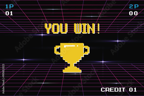Pixel art 8-bit You Win text with one big winner golden cup. Retro Futurism Sci-Fi Background. glowing neon grid. and stars from vintage arcade comp