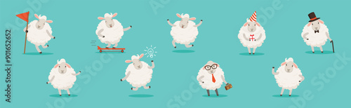 Wooly White Sheep Character Engaged in Different Activity Vector Set