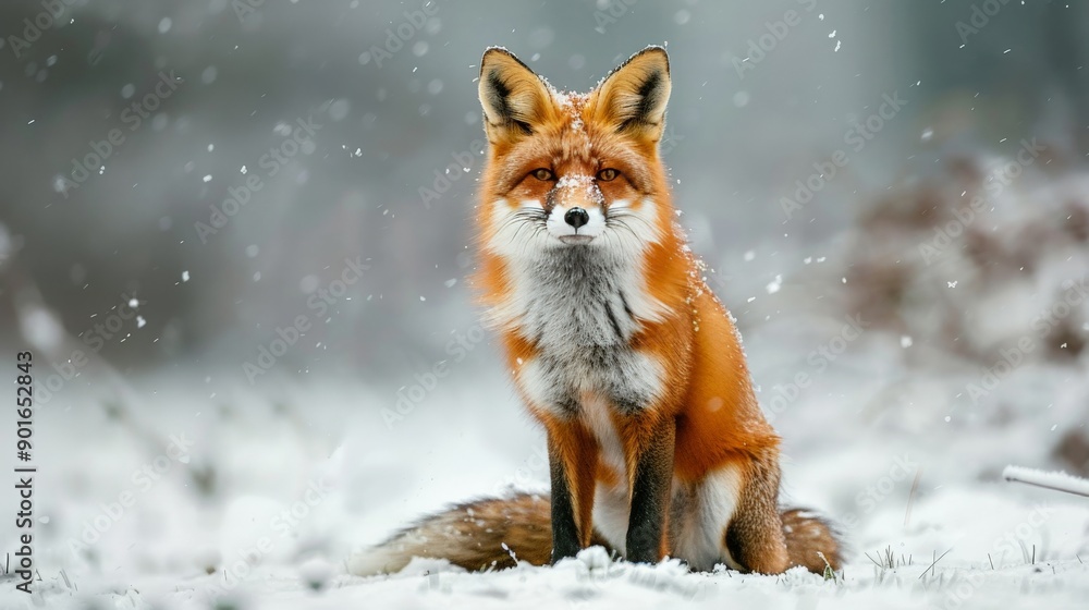 Obraz premium Red fox sitting in a snowy landscape with a watchful gaze