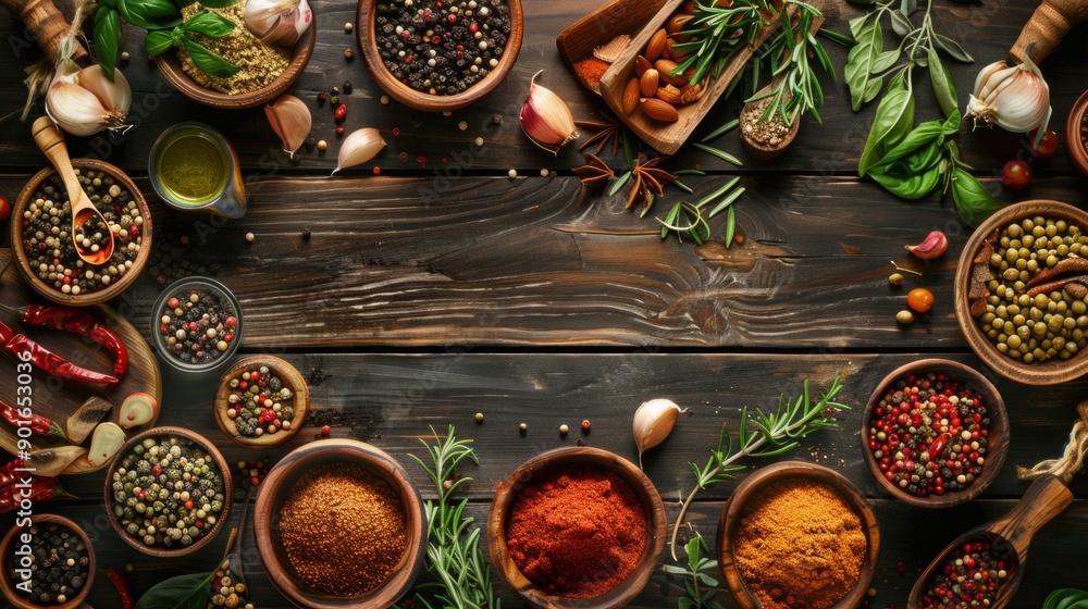 Variety of spices and herbs on wooden table Variety of spices and herbs on wooden table