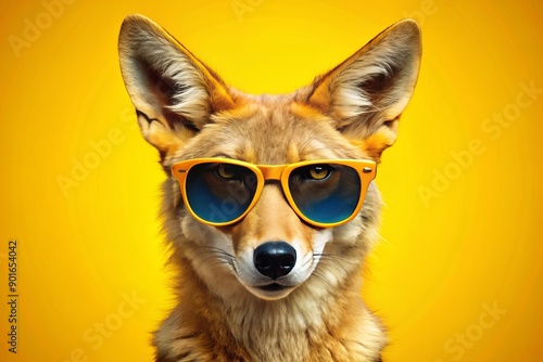 Vibrant yellow background showcases a stylish coyote wearing trendy sunglasses, exuding a playful and quirky attitude in this bold, colorful, and humorous animal portrait. photo