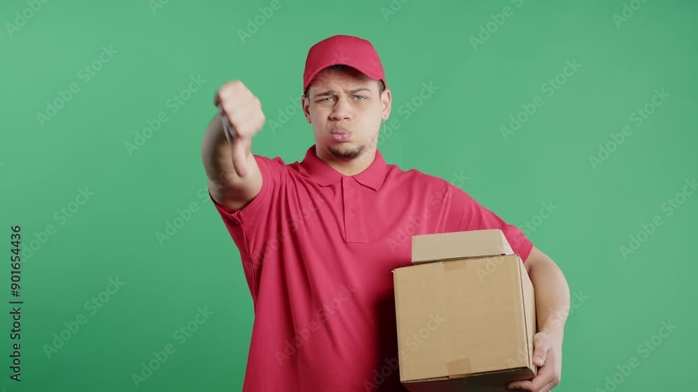 Post courier man with sign of dislike. Postal worker expressing thumbs-down. Post courier man with sign of dislike. Postal worker expressing thumbs-down.