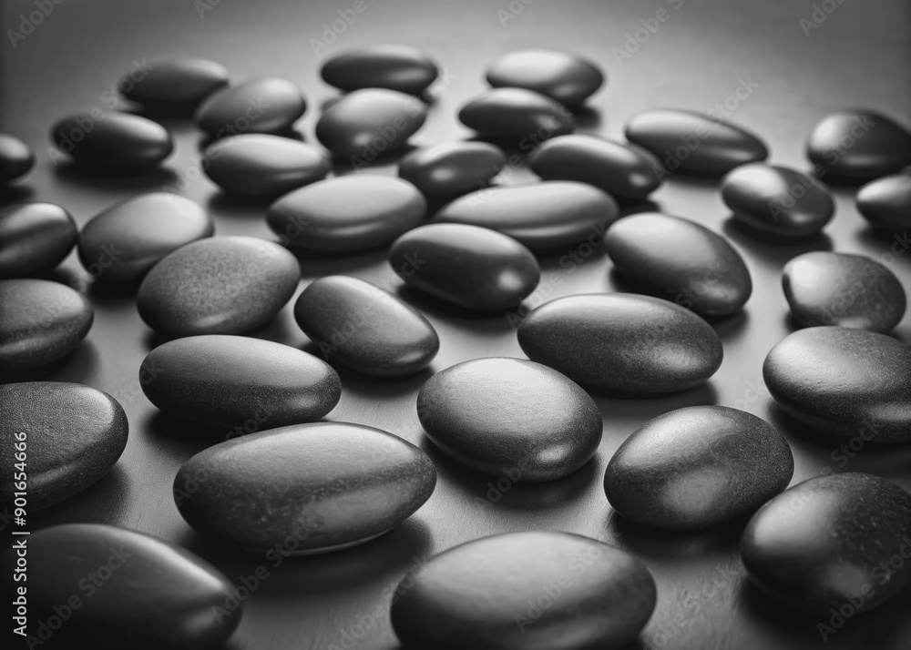 Smooth black pebbles scatter across a gradient monochrome background, showcasing intricate textures and subtle shadows, creating a serene and minimalist visual composition. Smooth black pebbles scatter across a gradient monochrome background, showcasing intricate textures and subtle shadows, creating a serene and minimalist visual composition.