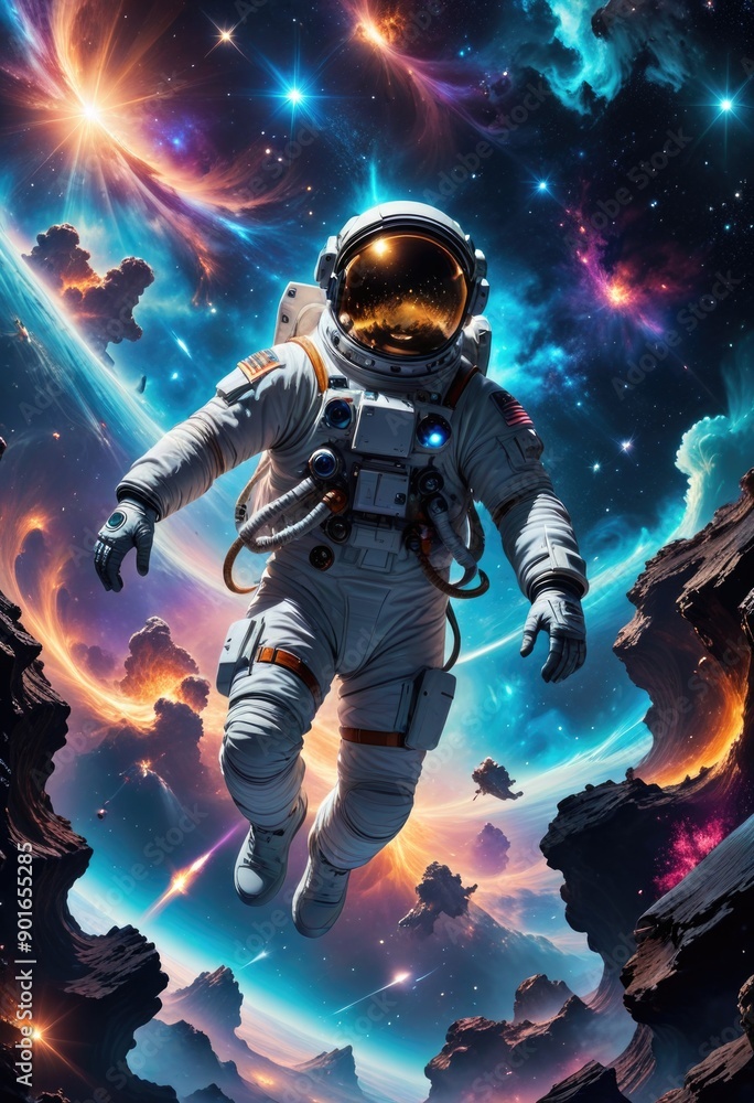 Craft a digital art scene where an astronaut is diving headfirst into an ethereal, starry abyss. Craft a digital art scene where an astronaut is diving headfirst into an ethereal, starry abyss.