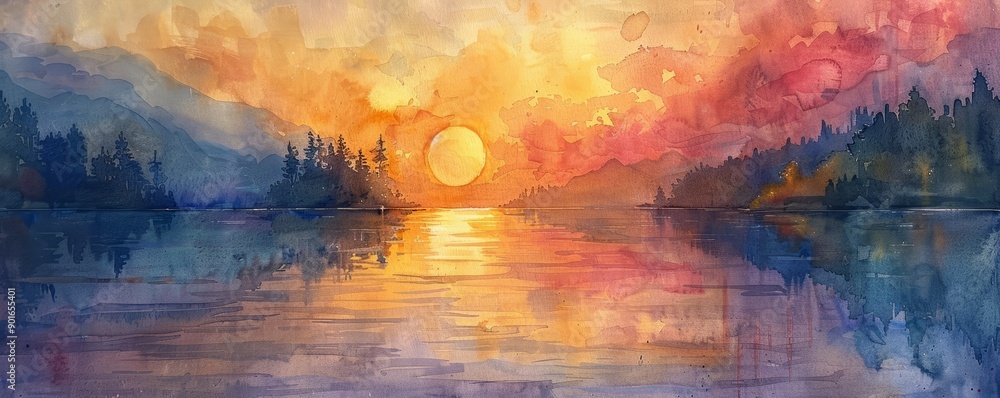 A painting of a sunset over a lake with a large sun in the sky A painting of a sunset over a lake with a large sun in the sky