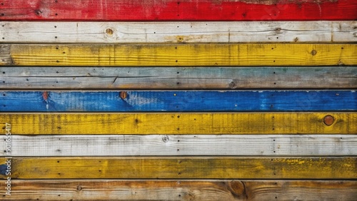 Vibrant yellow, red, white, and blue wooden planks arranged horizontally, creating a textured abstract backdrop with a distressed, rustic, and modern industrial feel. photo