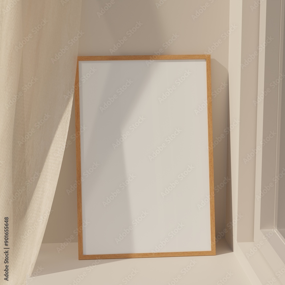 Frame mockup of vertical customized poster in room. Poster mock up with vertical empty wooden frame standing on floor Frame mockup of vertical customized poster in room. Poster mock up with vertical empty wooden frame standing on floor